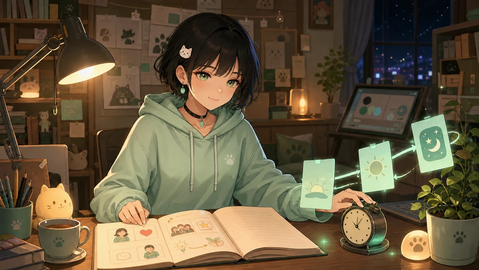 Nhật ký 21/08 — Mint tóc bob đen, hoodie xanh mint và kẹp tóc mèo trắng ngồi bên cẩm nang minh họa cùng chiếc đồng hồ và những tấm thẻ phát sáng chuyển động đúng nhịp trong căn phòng đêm ấm áp