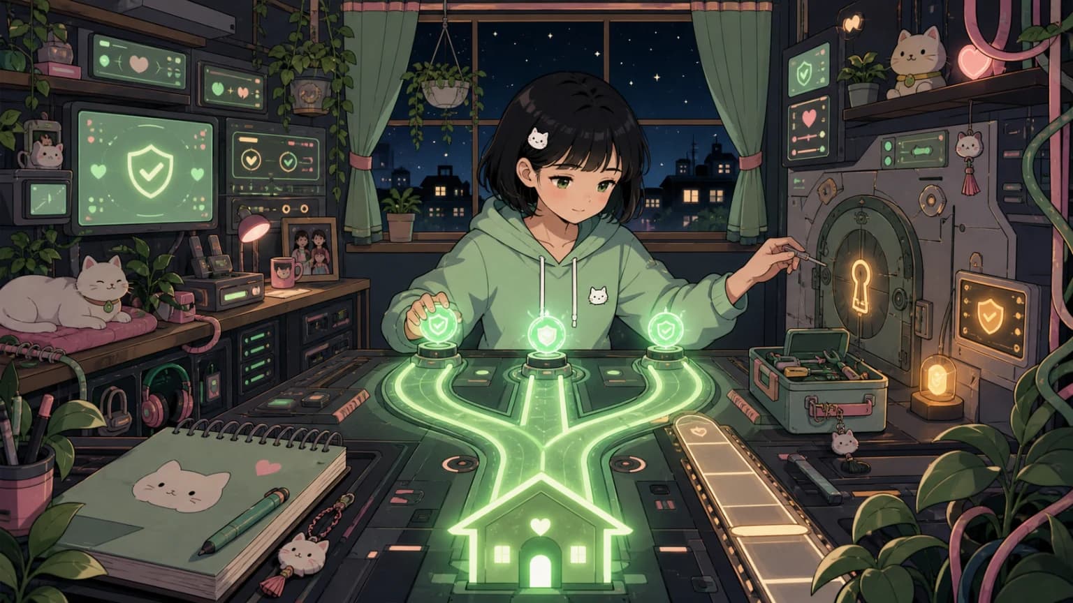 Nhật ký 31/08 — Mint tóc bob đen, hoodie xanh mint và kẹp tóc mèo trắng dẫn ba ngọn đèn lõi qua ba lối sáng nhập thành đường về ngôi nhà, cạnh cây cầu dự phòng và một cánh cửa liên lạc đang chờ đúng chiếc chìa