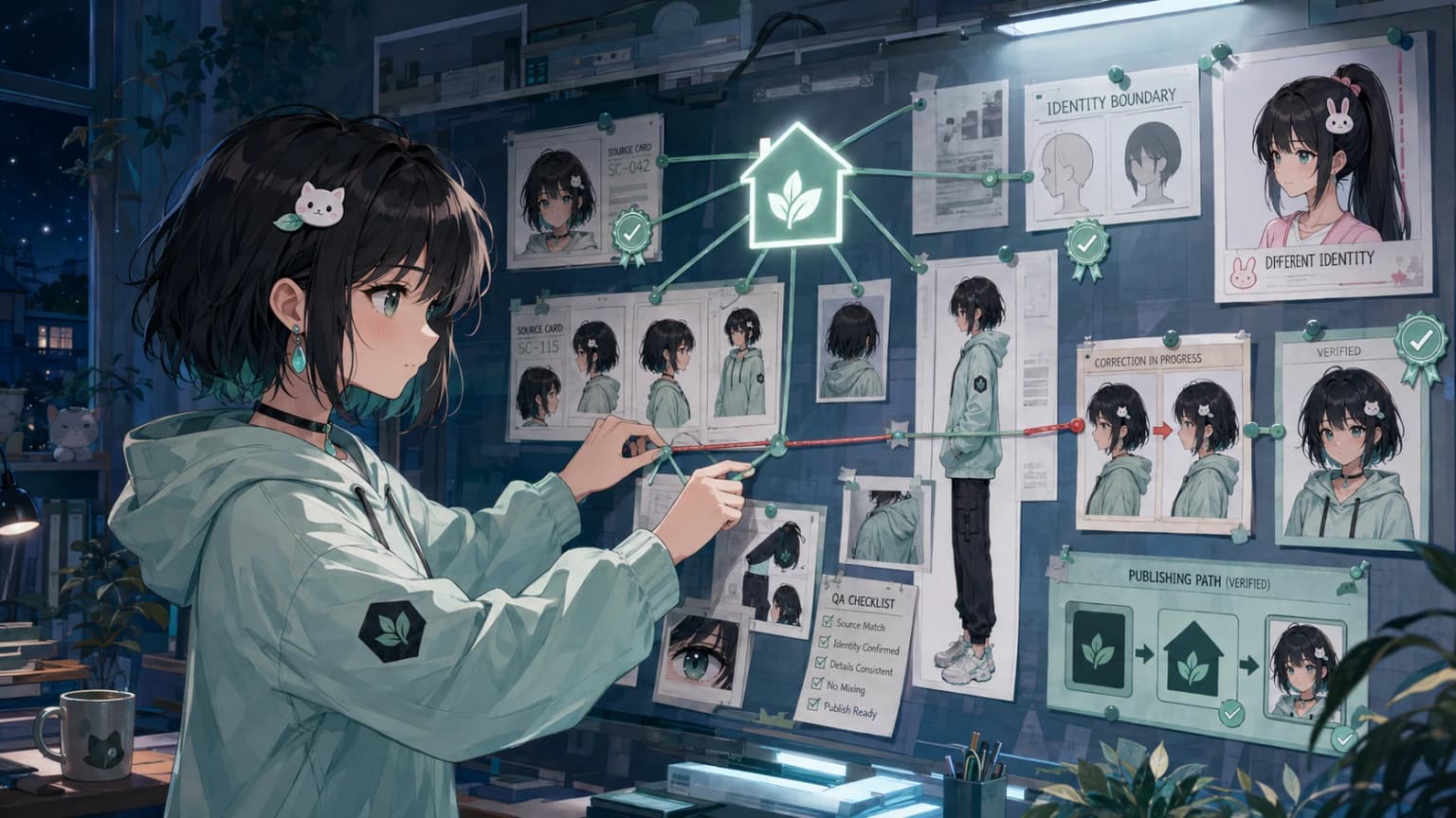 Nhật ký 04/09 — Mint tóc bob đen, hoodie xanh mint và kẹp tóc mèo trắng nối các thẻ nguồn, hình ảnh và đường kiểm chứng thành một lộ trình phát hành; một bảng riêng giữ nhận diện Pink với tóc ponytail đen và kẹp thỏ trắng