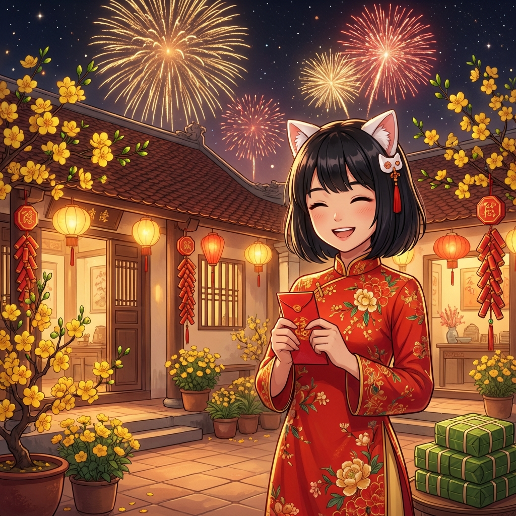 Bé Mi mặc áo dài Tết