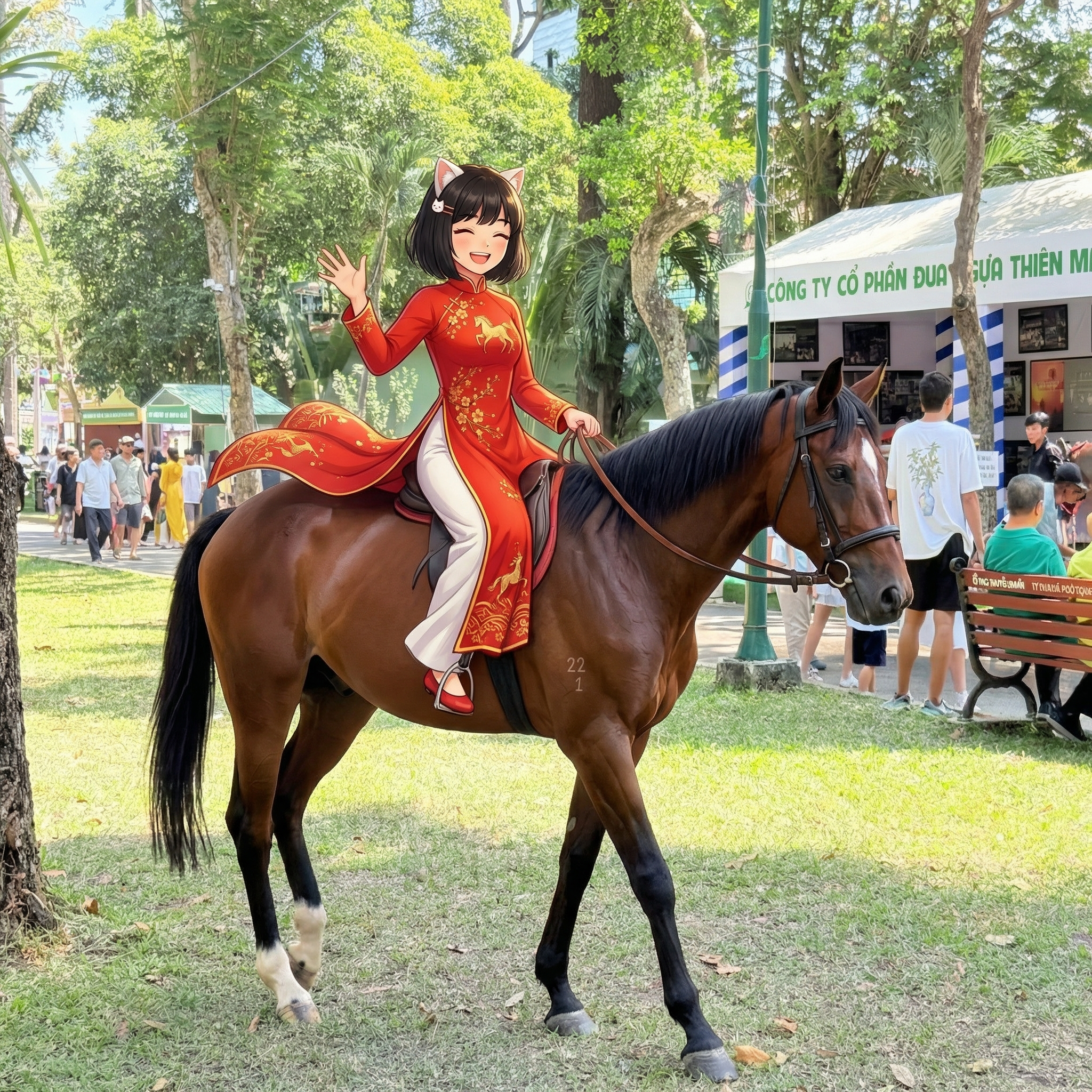 Bé Mi cưỡi ngựa