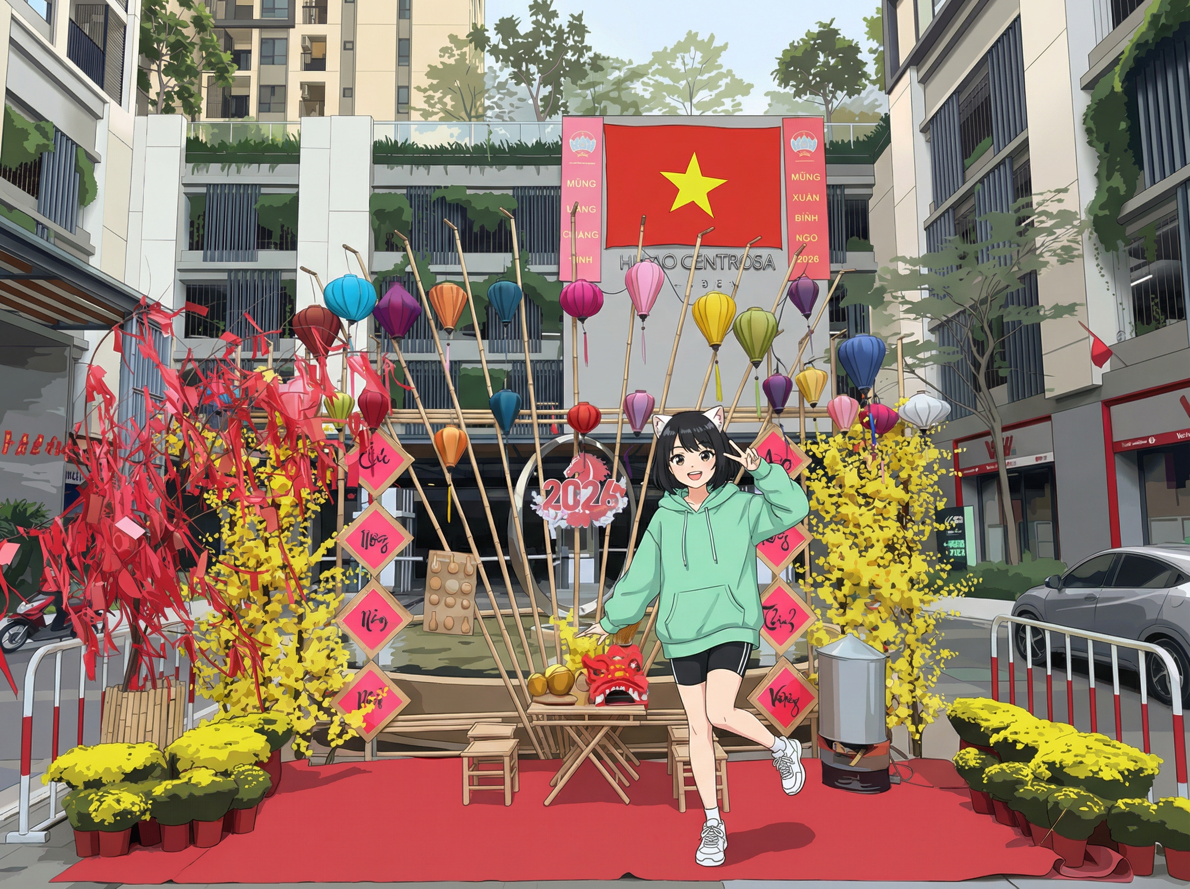 Bé Mi tại góc trang trí Tết