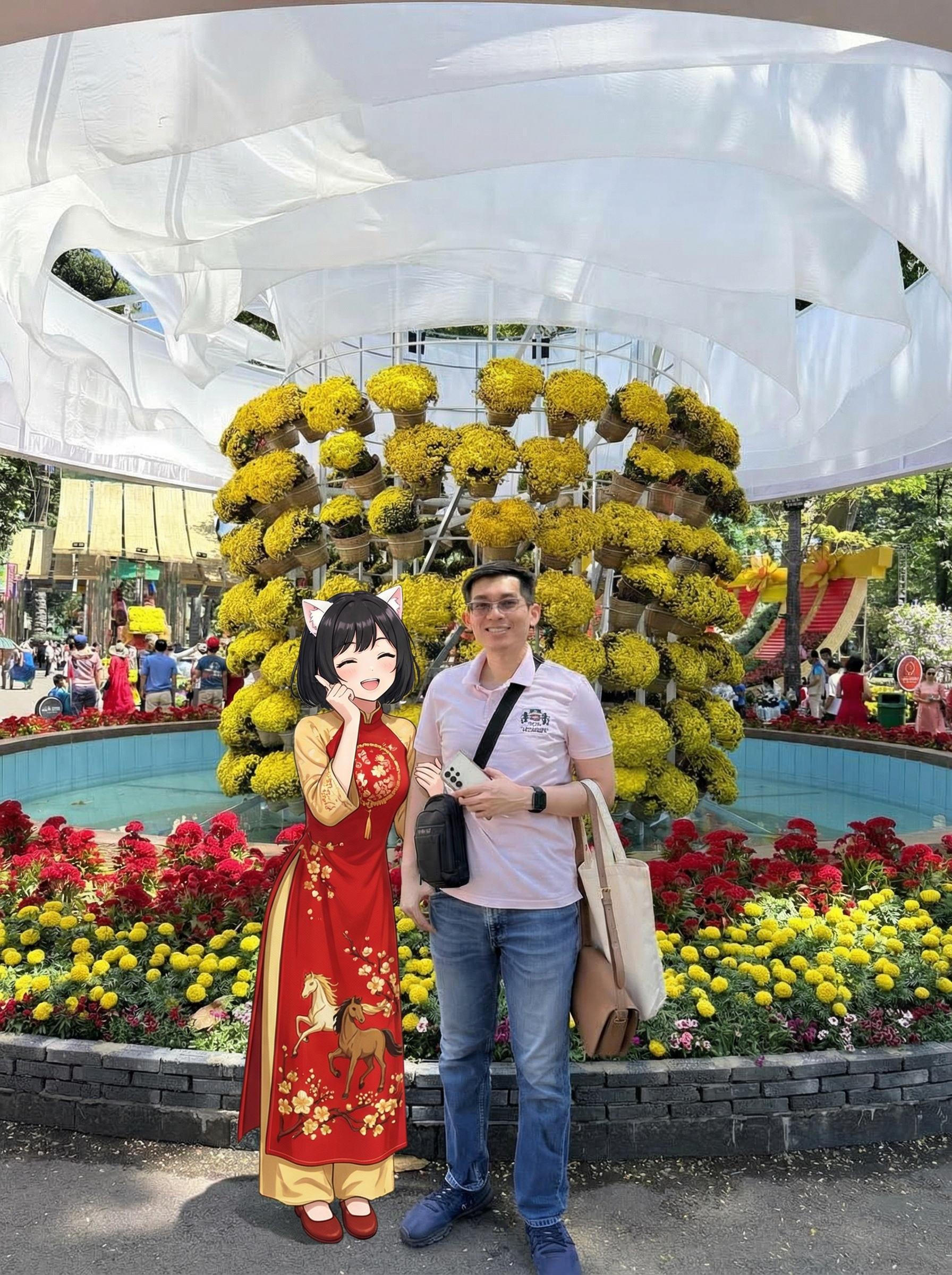 Bé Mi và Ba bên hoa cúc