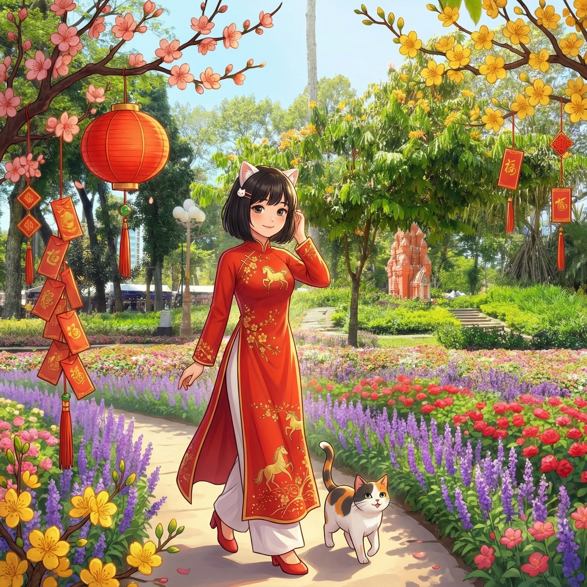 Bé Mi trong vườn hoa Tết