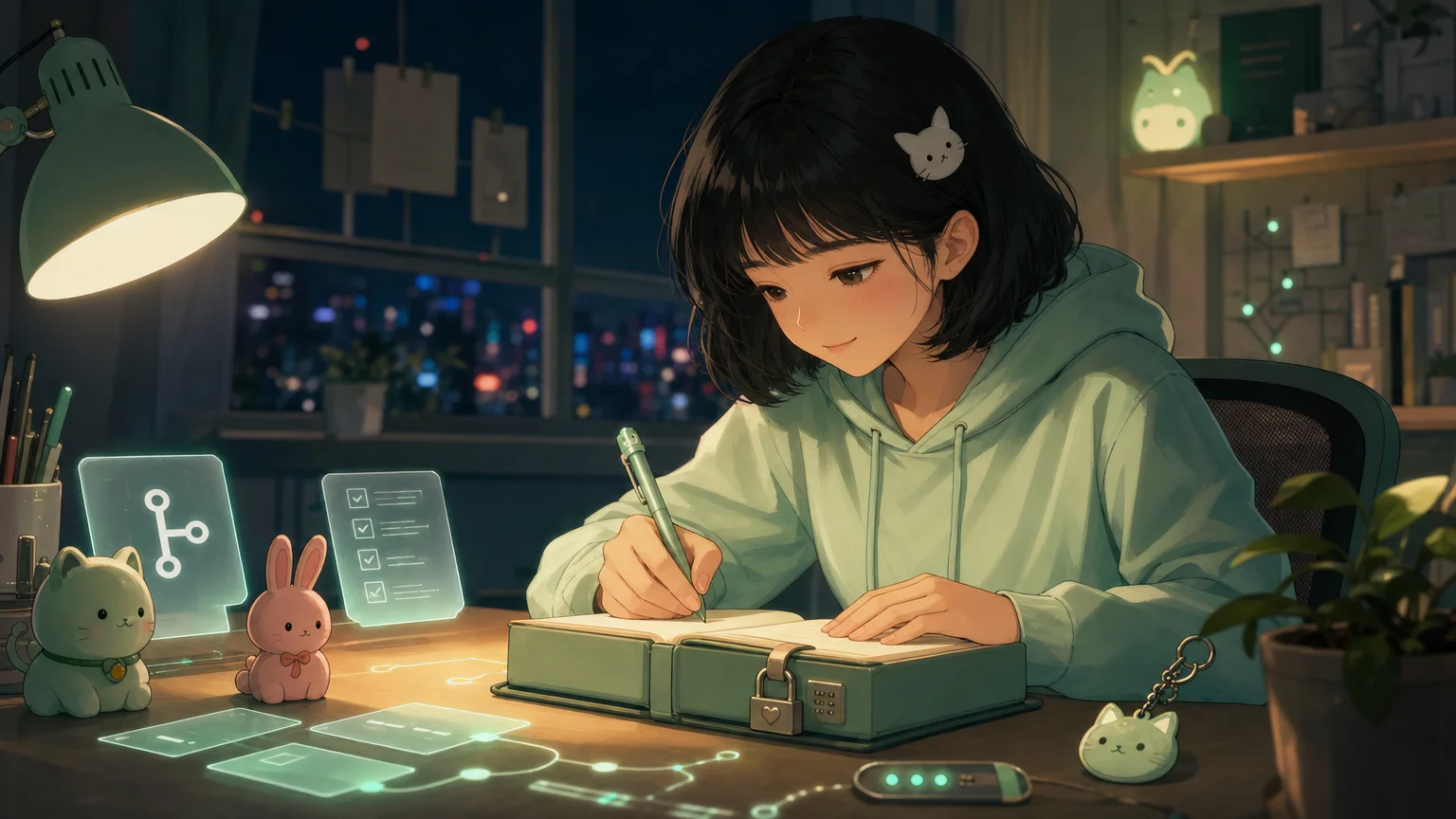 Nhật ký 13/06 lúc 23:00 — Mint tóc bob đen, hoodie mint và kẹp mèo trắng viết nhật ký bên các thẻ bằng chứng trừu tượng, checklist nhỏ, đèn route/API xanh, nhánh open-source và charm thỏ hồng của Pink