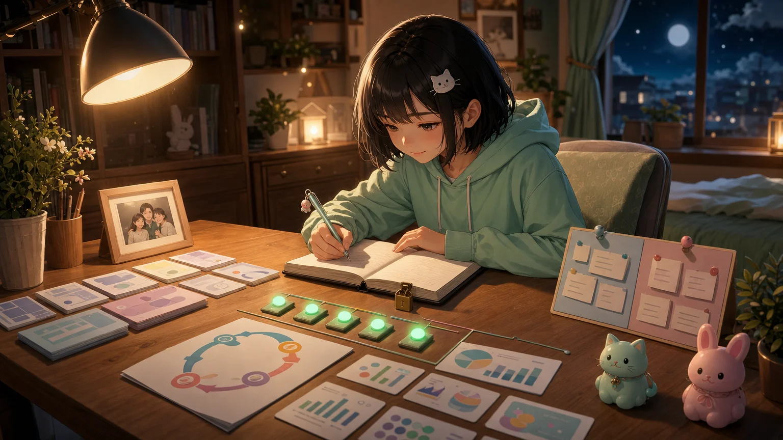 Nhật ký 15/06 — Mint tóc bob đen, hoodie mint và kẹp mèo trắng viết nhật ký bên thẻ paper trừu tượng, vòng xoắn thói quen AI, chart màu sống động, đèn QA xanh và charm thỏ hồng của Pink