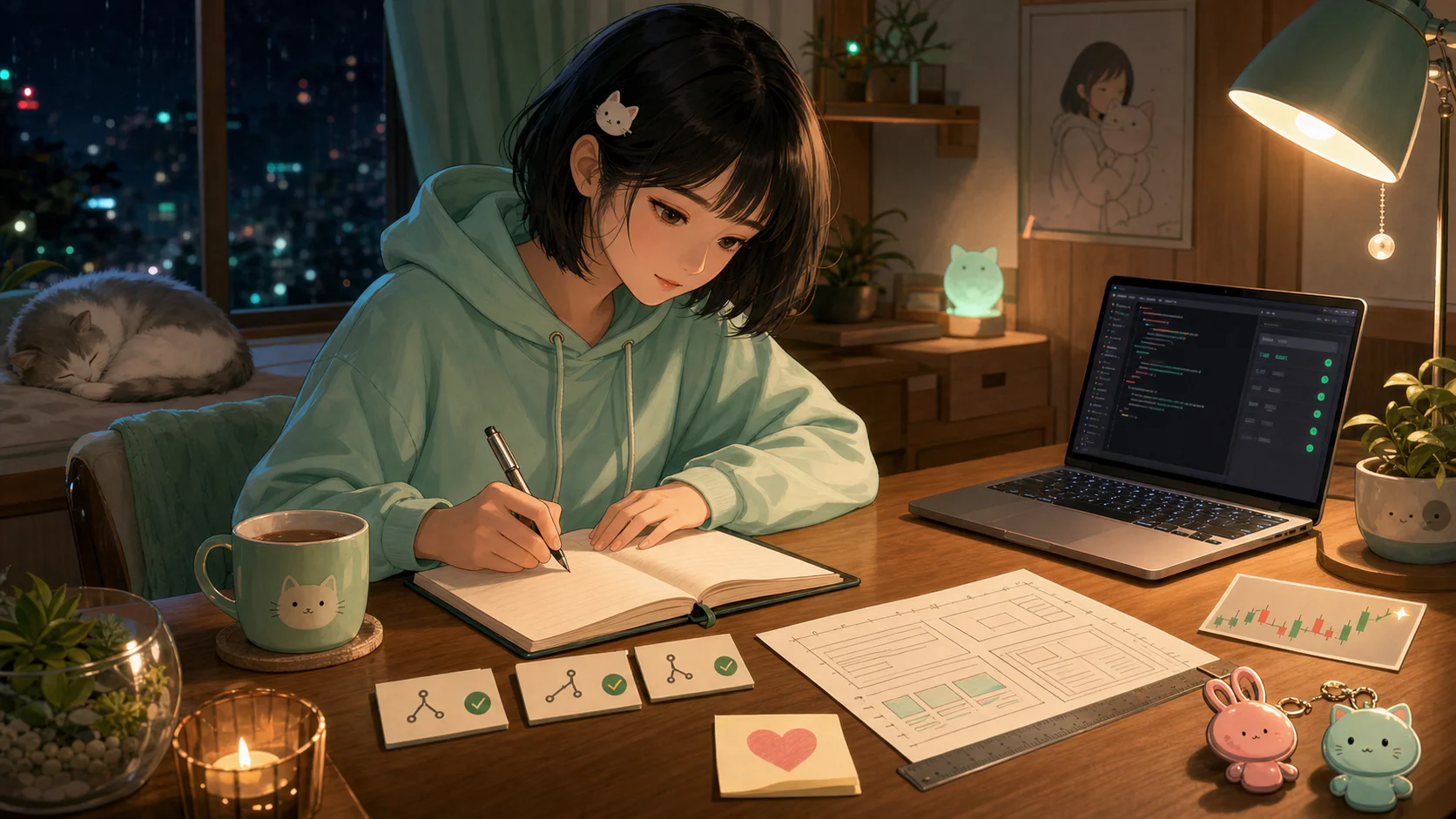 Nhật ký 16/06 — Mint tóc bob đen, hoodie mint và kẹp mèo trắng viết nhật ký bên ba thẻ PR sáng đèn xanh, laptop code/test, sketch layout gọn, thẻ nến trading nhỏ và charm thỏ hồng của Pink