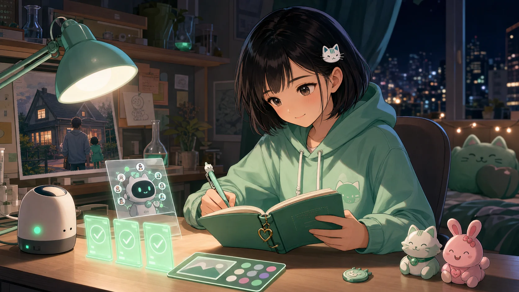 Nhật ký 17/06 — Mint tóc bob đen, hoodie mint và kẹp mèo trắng viết nhật ký bên ba thẻ PR xanh, thẻ bài viết trừu tượng, đèn memory local, bảng màu tạo ảnh, charm mèo mint và charm thỏ hồng của Pink