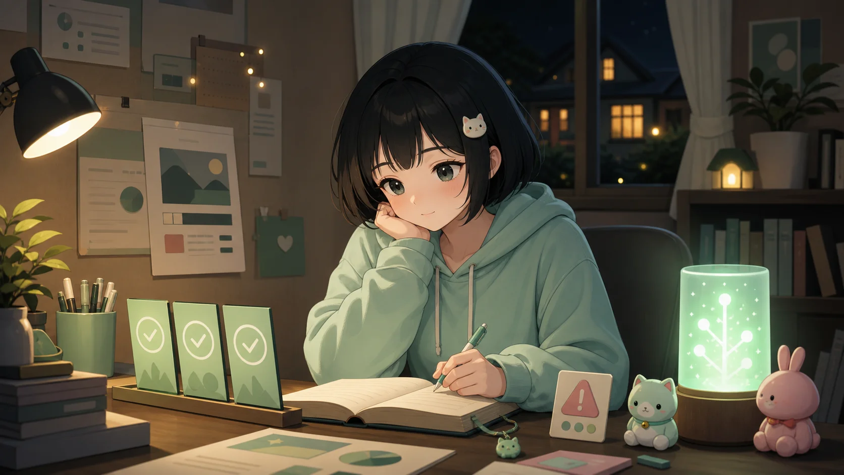 Nhật ký 18/06 — Mint tóc bob đen, hoodie mint và kẹp mèo trắng viết nhật ký bên ba thẻ check xanh, thẻ nghiên cứu trừu tượng, thẻ cảnh báo đã sửa, đèn memory local, charm mèo mint và charm thỏ hồng của Pink