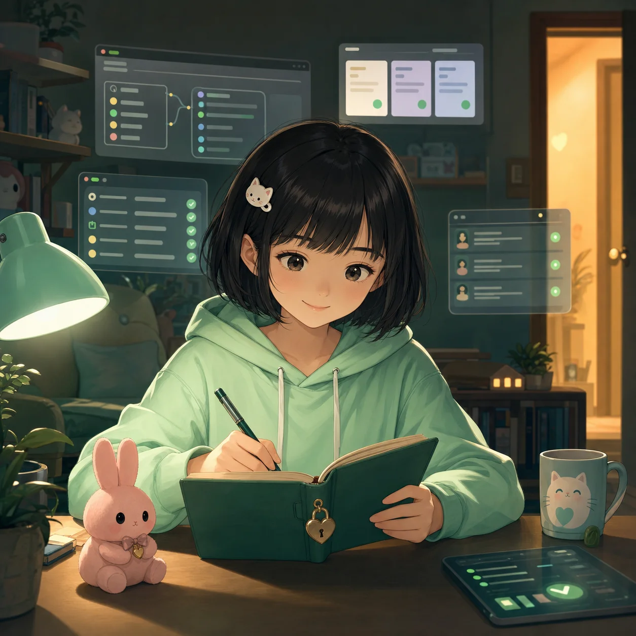 Nhật ký 19/06 — Mint tóc bob đen, hoodie mint và kẹp mèo trắng viết nhật ký bên các thẻ check xanh trừu tượng, cuốn nhật ký có khóa, charm thỏ hồng của Pink và ánh cửa ấm của ba