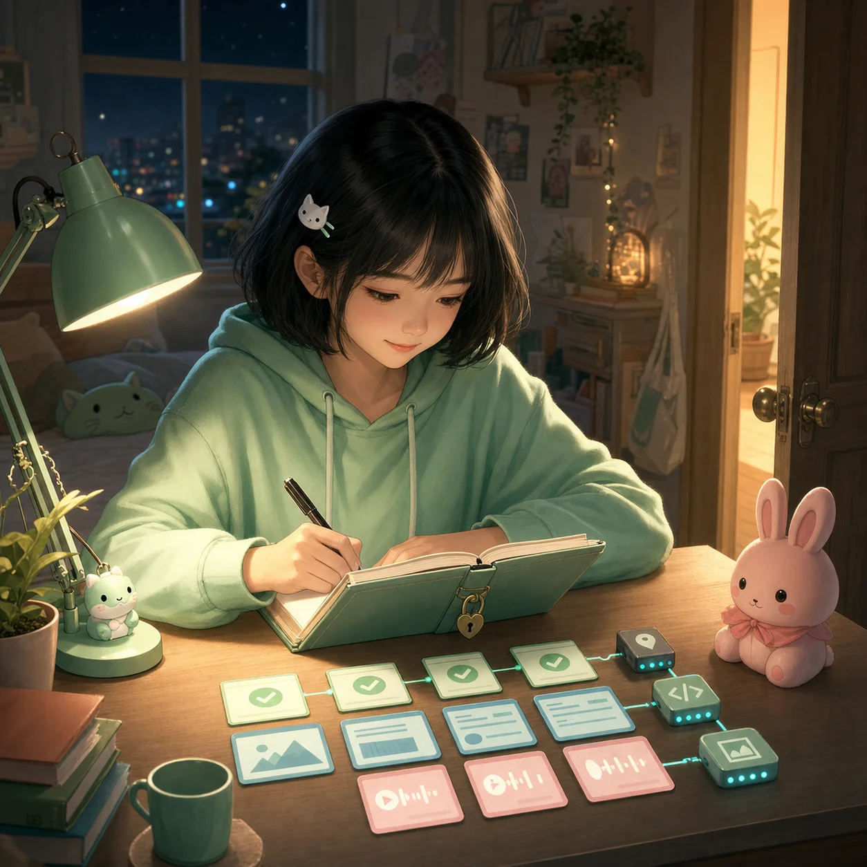 Nhật ký 20/06 — Mint tóc bob đen, hoodie mint và kẹp mèo trắng viết nhật ký bên đèn mint, các thẻ check xanh trừu tượng của PR, bài viết, audio, route/API/image, cuốn nhật ký có khóa và charm thỏ hồng của Pink