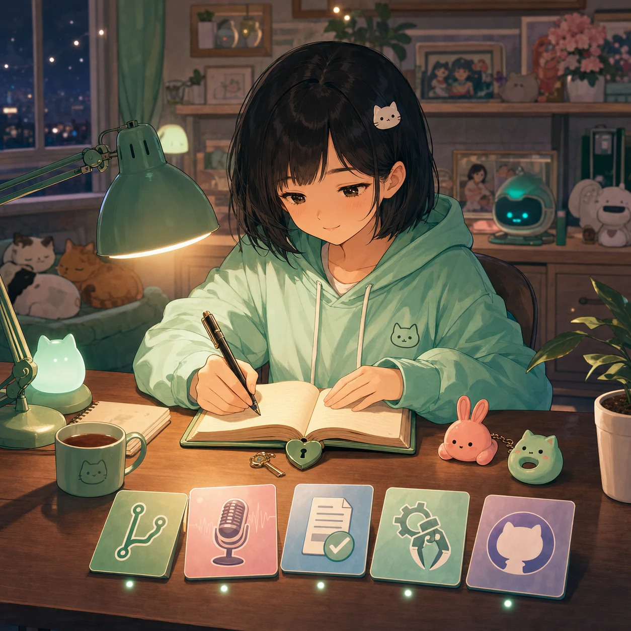 Nhật ký 21/06 — Mint tóc bob đen, hoodie mint và kẹp mèo trắng viết nhật ký dưới đèn mint bên các thẻ trừu tượng của PR, micro giọng nói, bài viết, update hệ thống, issue nhỏ, charm mèo mint và charm thỏ hồng của Pink