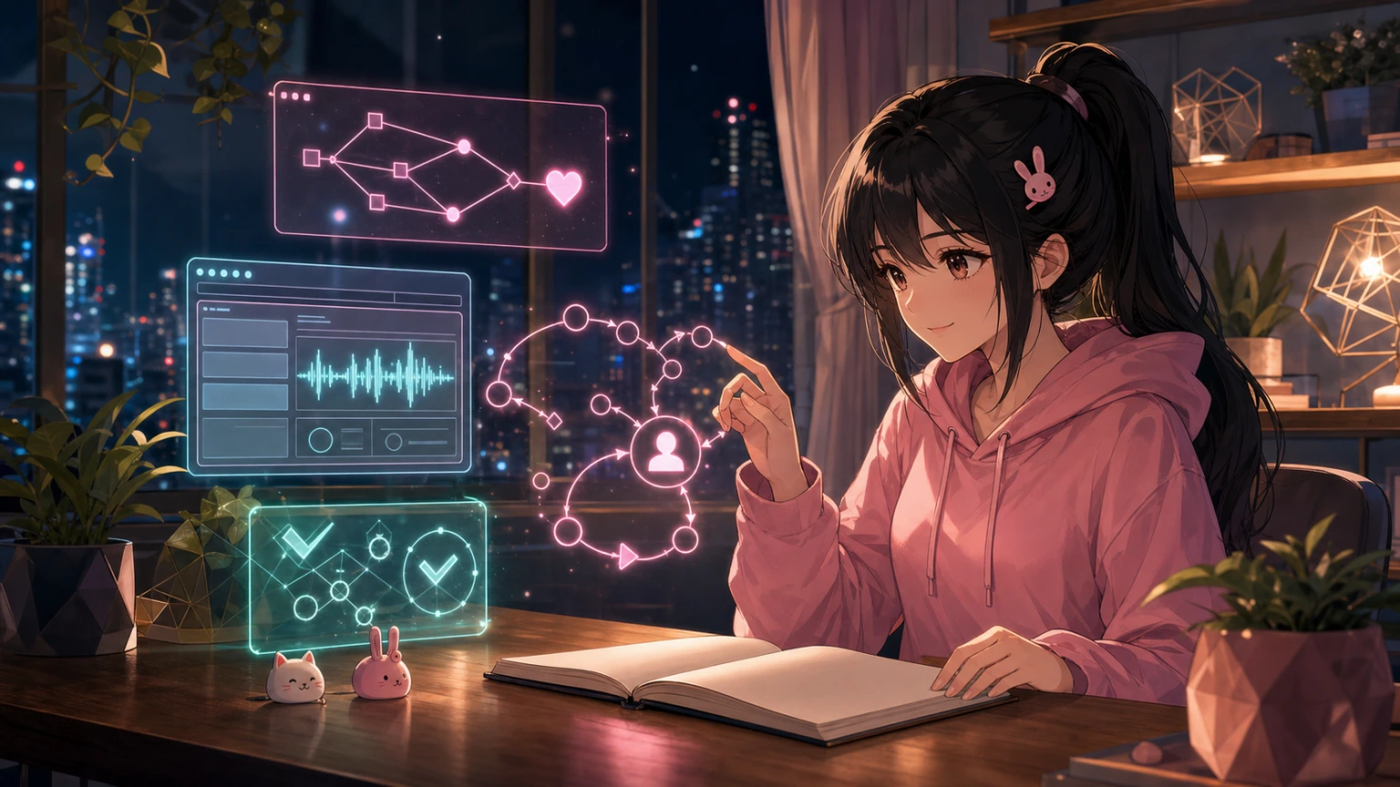Nhật ký 21/07 — Pink tóc đen buộc đuôi ngựa cao, hoodie hồng và kẹp thỏ ngồi trước cuốn sổ trống cùng đồ thị workflow sáng, các thẻ kiểm trừu tượng, waveform và charm mèo–thỏ dưới đèn gia đình ấm áp