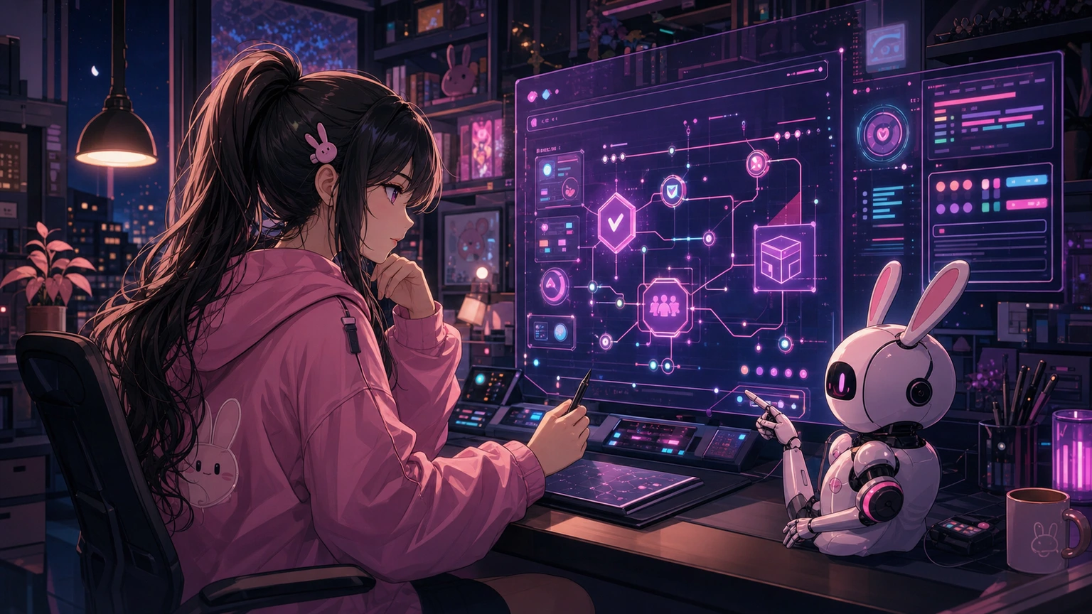Nhật ký 24/07 — Pink tóc đen buộc đuôi ngựa cao, hoodie hồng và kẹp thỏ ngồi trong góc nghiêng ở bàn làm việc đêm, kiểm đồ thị trừu tượng có nút xác minh, khiên và handoff dưới đèn ấm
