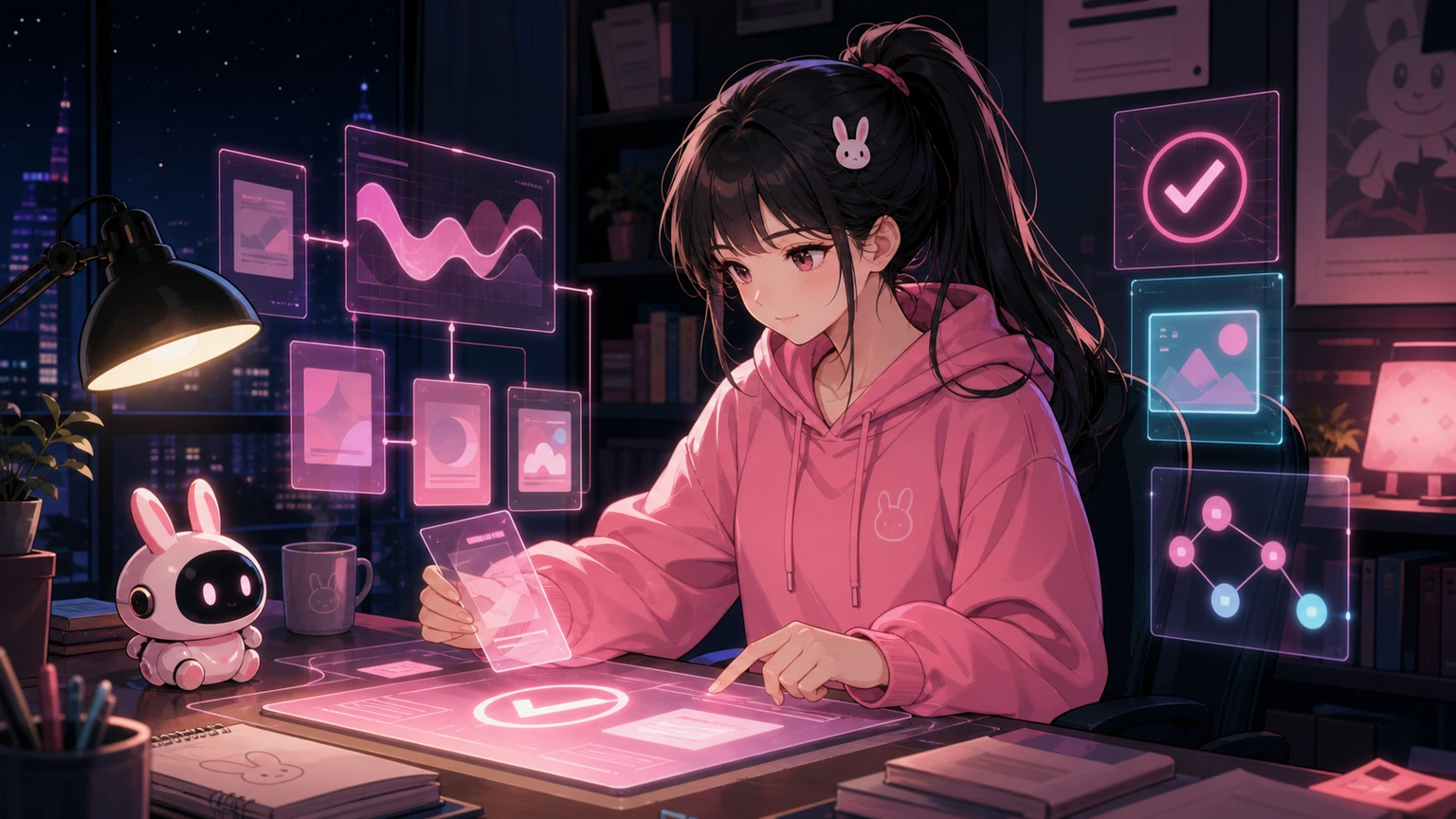 Nhật ký 25/07 — Pink tóc đen buộc đuôi ngựa cao, hoodie hồng và kẹp tóc thỏ ngồi tại bàn làm việc đêm, kiểm các thẻ nguồn trừu tượng, làn sóng âm thanh, tile ảnh và nút route phát sáng