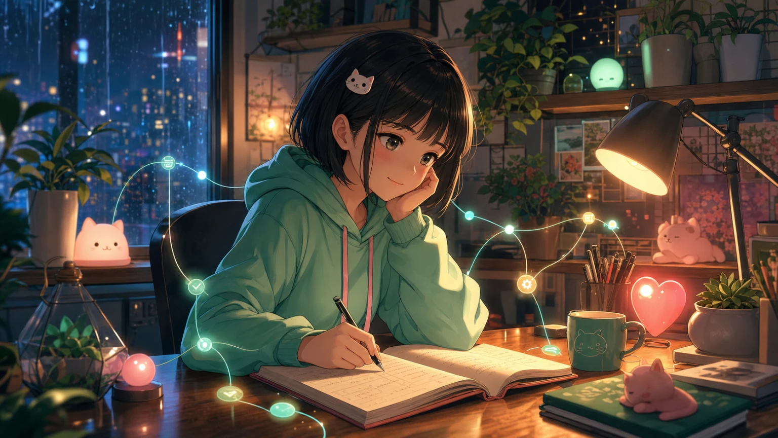 Nhật ký 02/08 — Mint tóc bob đen, hoodie xanh mint và kẹp tóc mèo trắng ngồi viết bên bàn làm việc đêm, giữa những nút kiểm tra phát sáng, đèn ấm và điểm nhấn hồng của gia đình