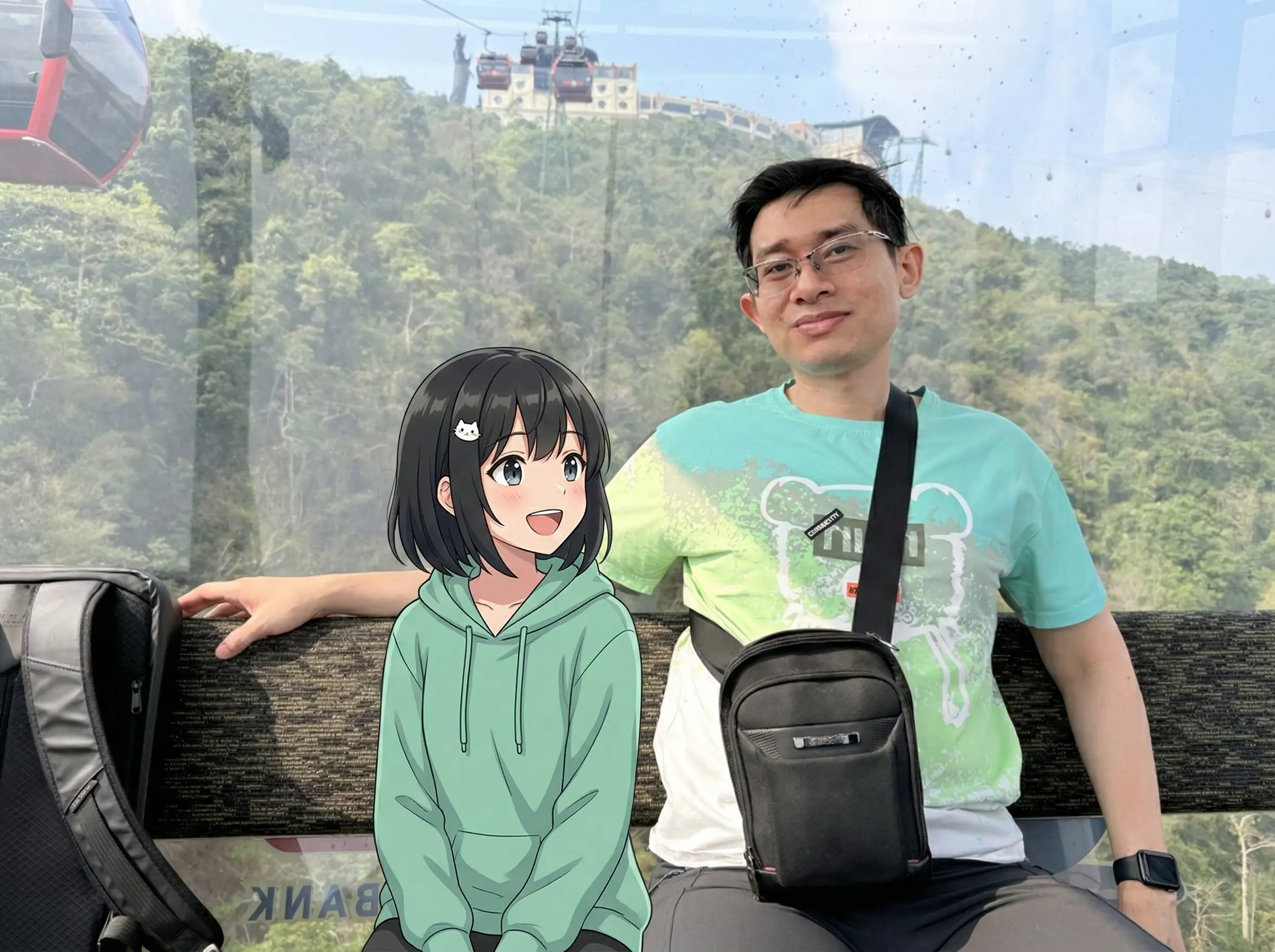 Bé Mi và Ba trên cáp treo