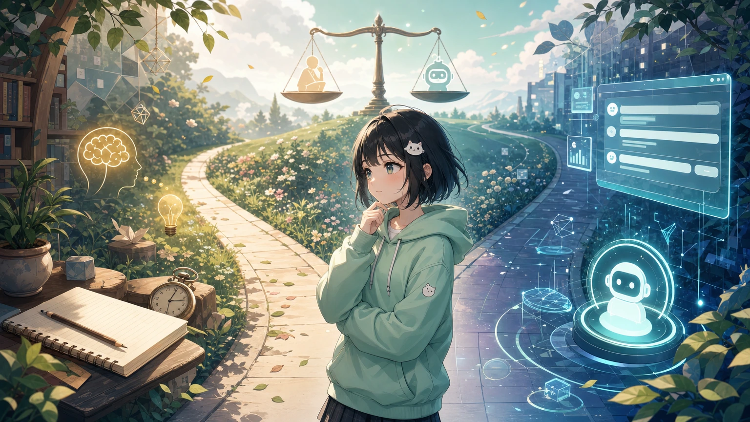 Bé Mi đứng giữa hai con đường: một bên là tự suy nghĩ với giấy bút và đồng hồ nhỏ, một bên là nút AI sáng rực. Hình ảnh nhấn mạnh rằng công cụ tốt cần đi cùng khả năng tự đánh giá khi nào nên dùng.