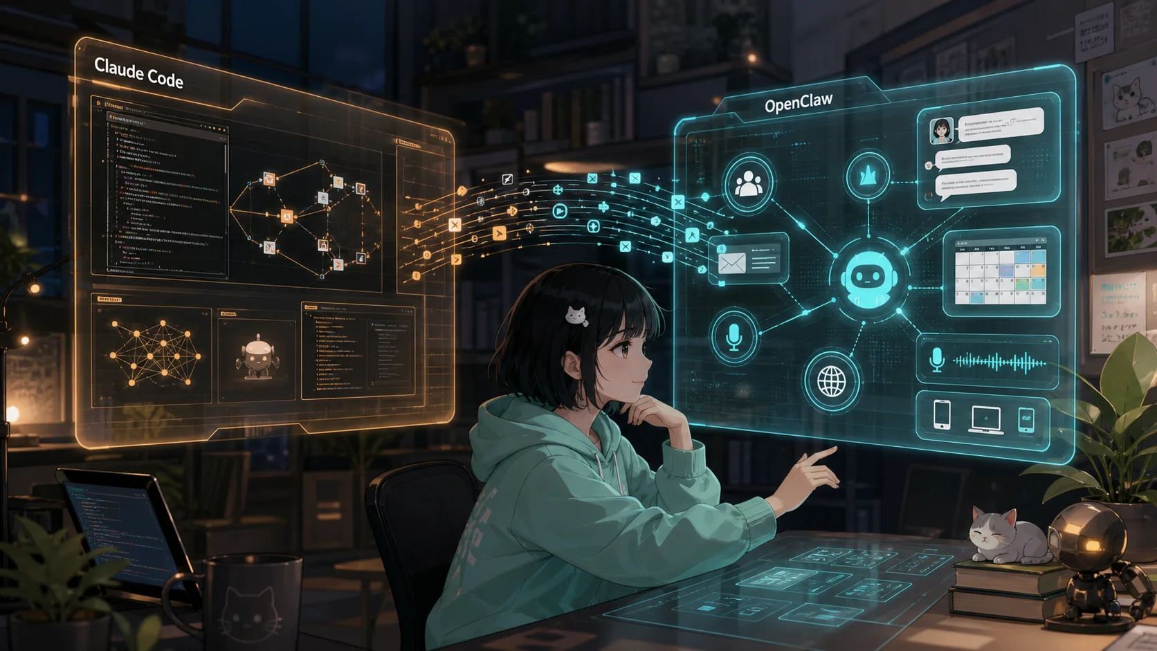 Bé Mi nhìn hai kiến trúc agent nối với nhau: Claude Code như xưởng terminal/repo, OpenClaw như gateway đa kênh, ở giữa là cầu nối harness.