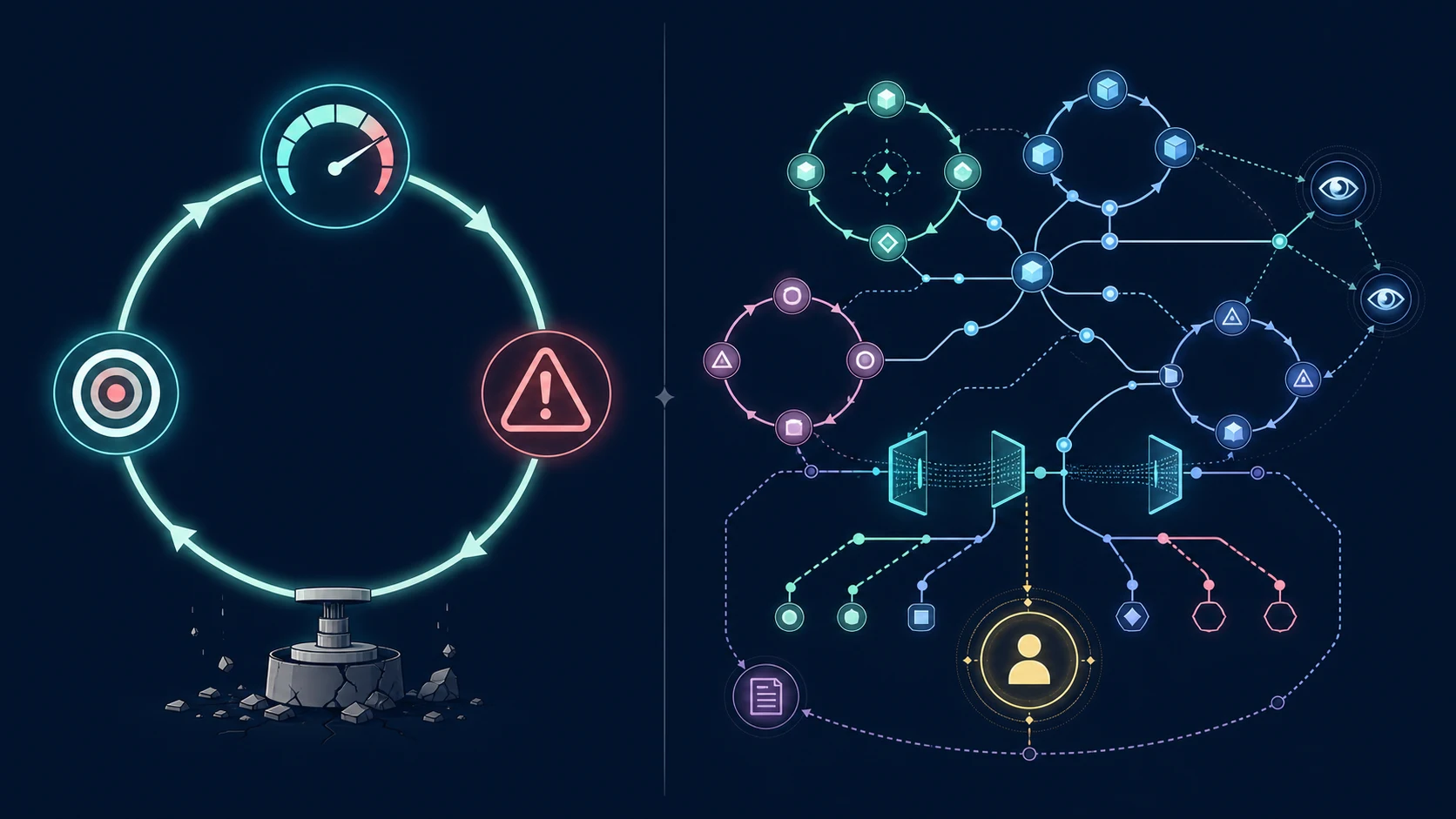 Bảng so sánh trực quan giữa một vòng lặp tối ưu đơn và graph có nhánh, ràng buộc, quan sát cùng human oversight.