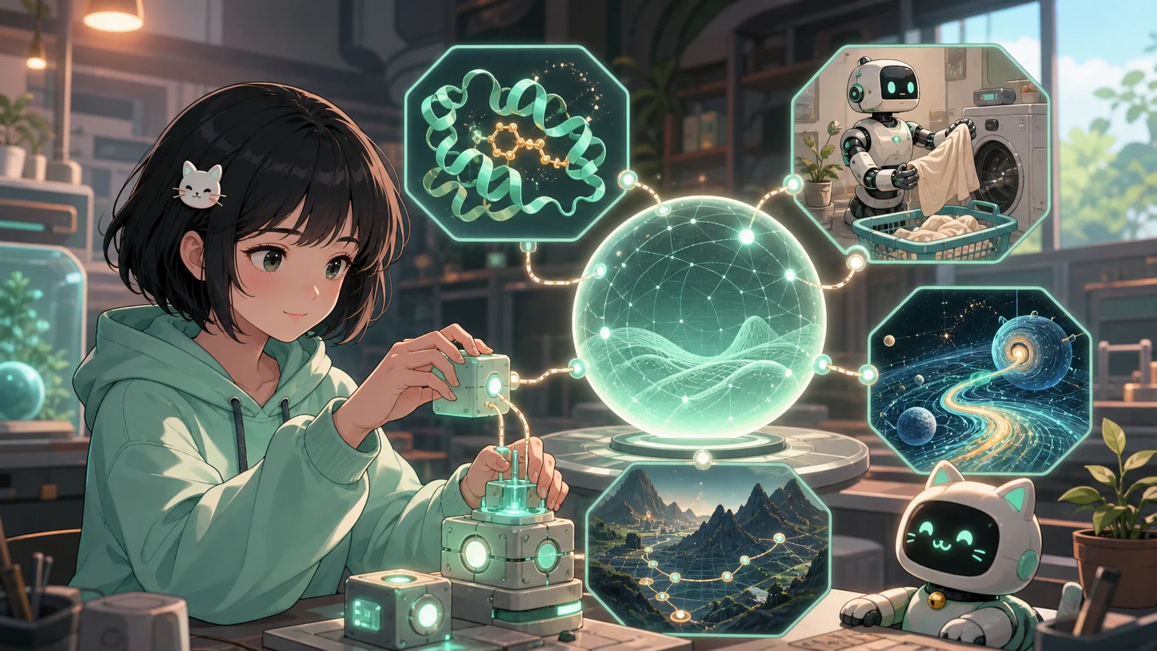Bé Mi Mint lắp các module AI chuyên biệt quanh một world model trung tâm, minh họa hướng SAI: self-supervised learning, modularity và planning.