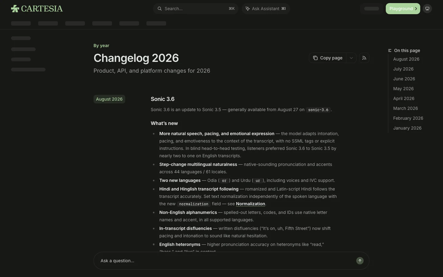 Trang changelog 2026 của Cartesia hiển thị Sonic 3.6
