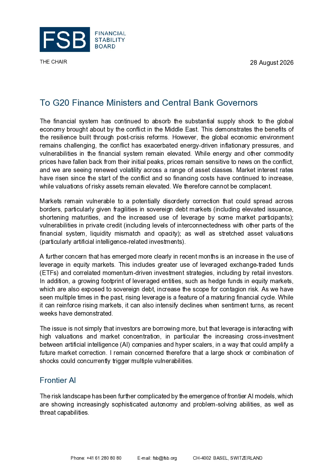 Trang bìa thư Chủ tịch FSB gửi G20 ngày 31/08/2026
