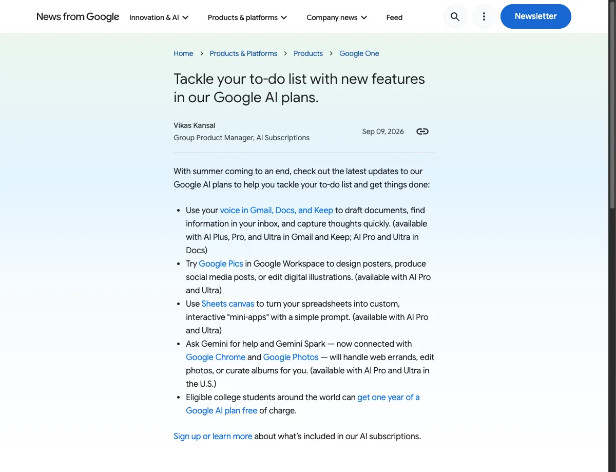 Ảnh chụp thông báo cập nhật Google AI plans